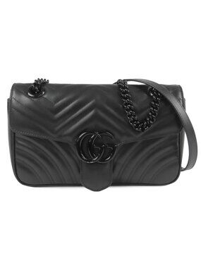 Gucci GG Marmont Black Leather Medium Chevron Double G Chain Shoulder Bag